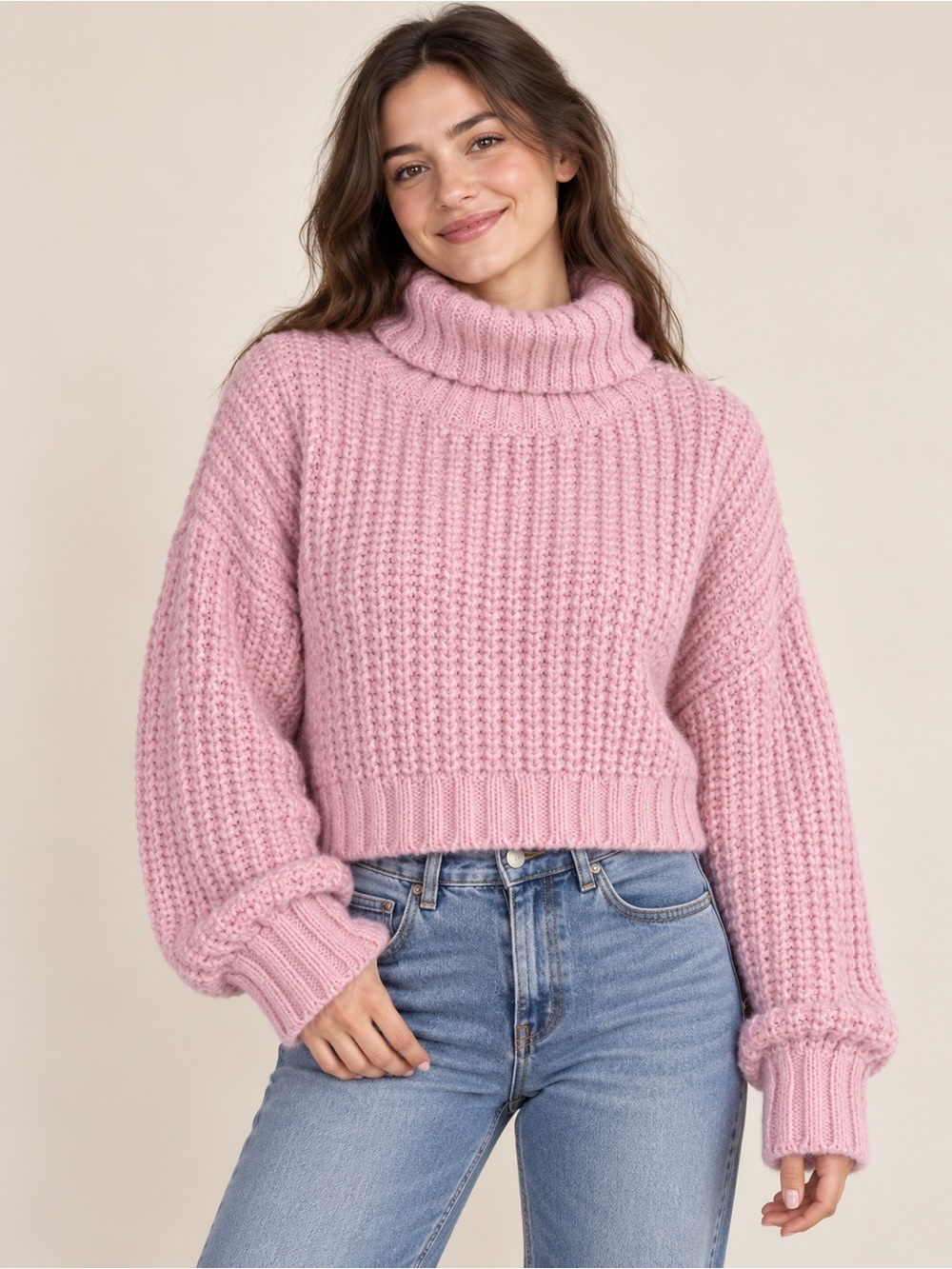 Cider Pink Ribbed Cropped Turtleneck Sweater